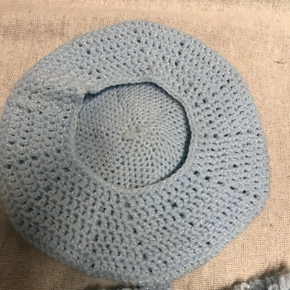 Vintage Hand Crochet Baby Hat and Booties: Baby Blue, Newborn Size
